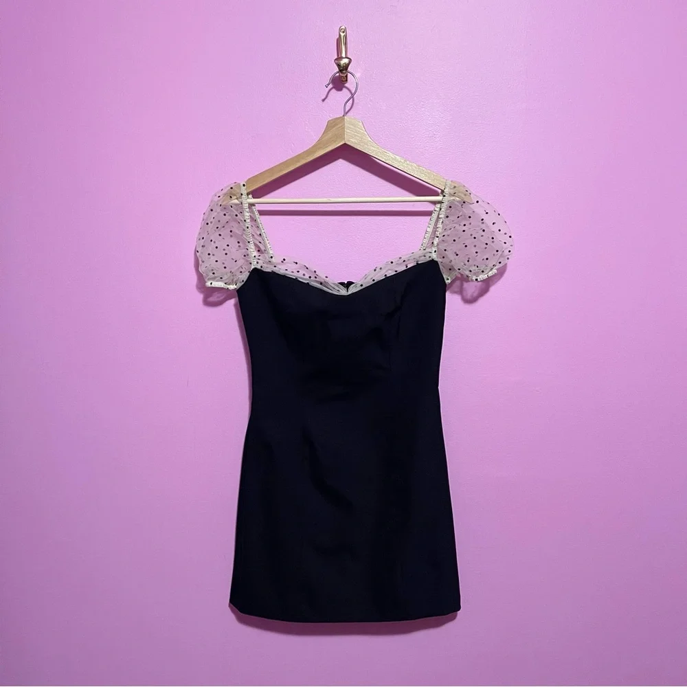 Camila Coelho Heirloom Tulle Puff Sleeve‎ Mini Dress Small Black Flocked Dot - Picture 2 of 12